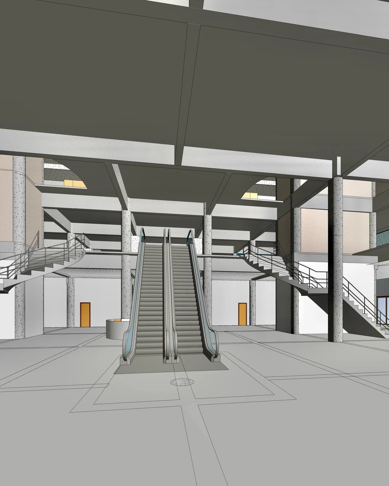 Render BIM do átrio interno de um terminal, com escadas rolantes